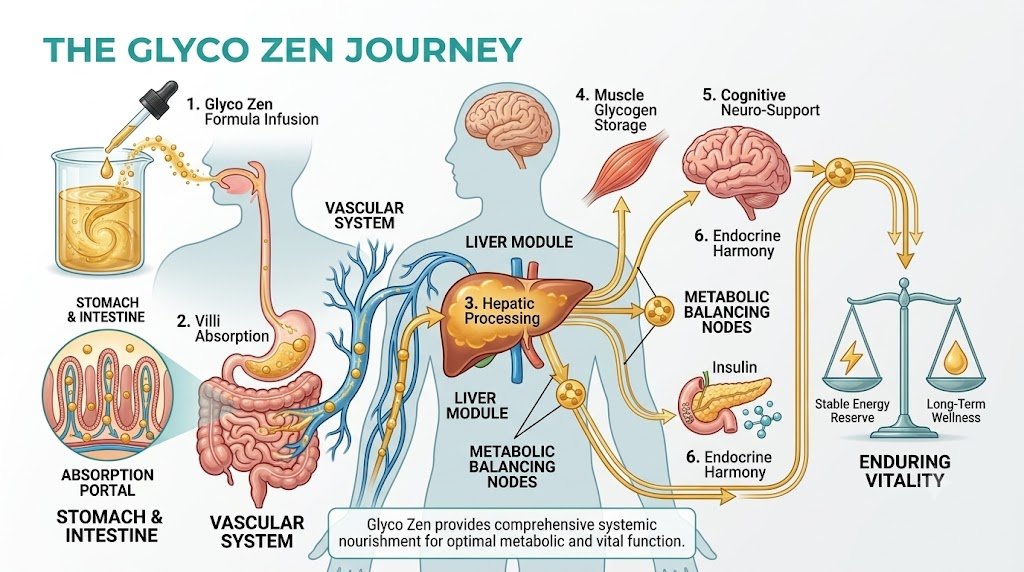 Illustrated diagram titled The Glyco Zen Journey, supplied with the GlycoZen product materials
