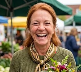 Illustrative image of a laughing woman at a market